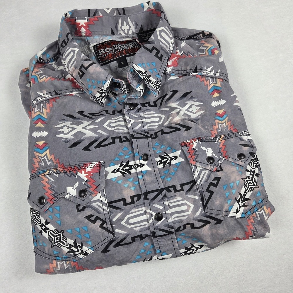 Rock &‎ Roll Cowboy Snap Shirt Men's Medium Aztec Southwest Distressed